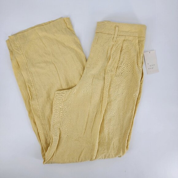 a new day Linen Wide Leg Pants 4 Pleated Front High Rise Waist Yellow - Picture 3 of 6